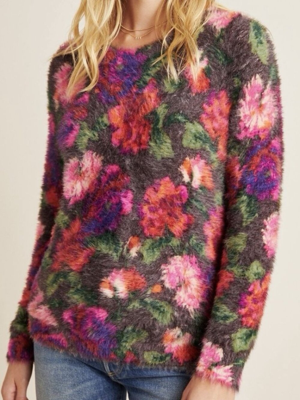 NWoT Anthropologie Ariel Eyelash Soft Fuzzy Floral Crew Neck Sweater